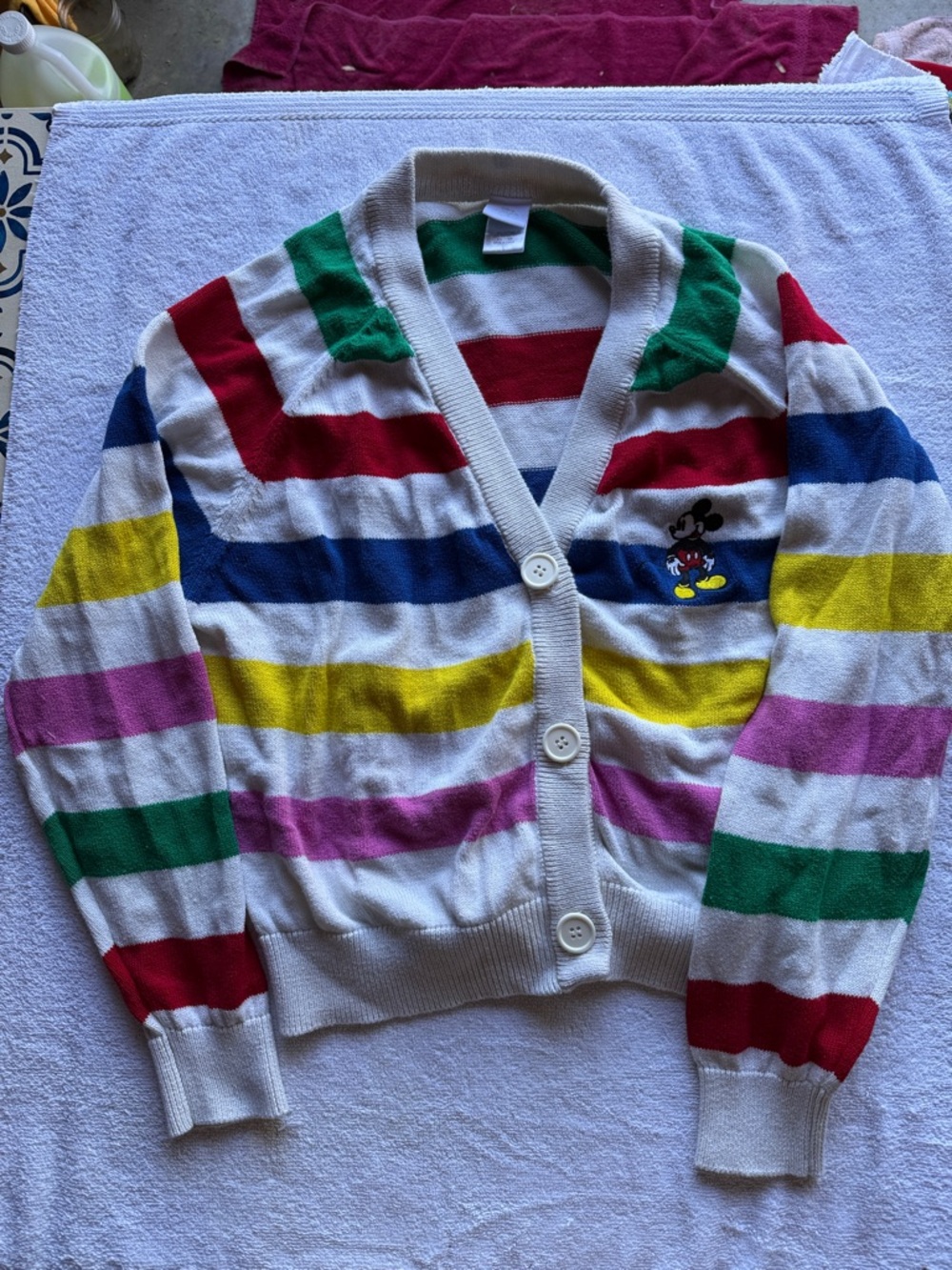 Disney White Cardigan with Rainbow Stripes and Mickey Patch